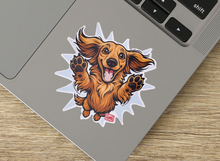 Load image into Gallery viewer, Happy Longhaired Dachshund weatherproof decal for car, travel mug, or laptop. Doxie Mom Gift