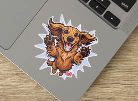 Happy Longhaired Dachshund weatherproof decal for car, travel mug, or laptop. Doxie Mom Gift