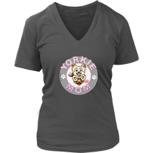 Load image into Gallery viewer, a women&#39;s grey v-neck shirt with the OMG You&#39;re Home! Yorkie dog mom design on the front with pink letters