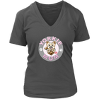 a women's grey v-neck shirt with the OMG You're Home! Yorkie dog mom design on the front with pink letters