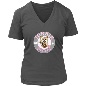 a women's grey v-neck shirt with the OMG You're Home! Yorkie dog mom design on the front with pink letters