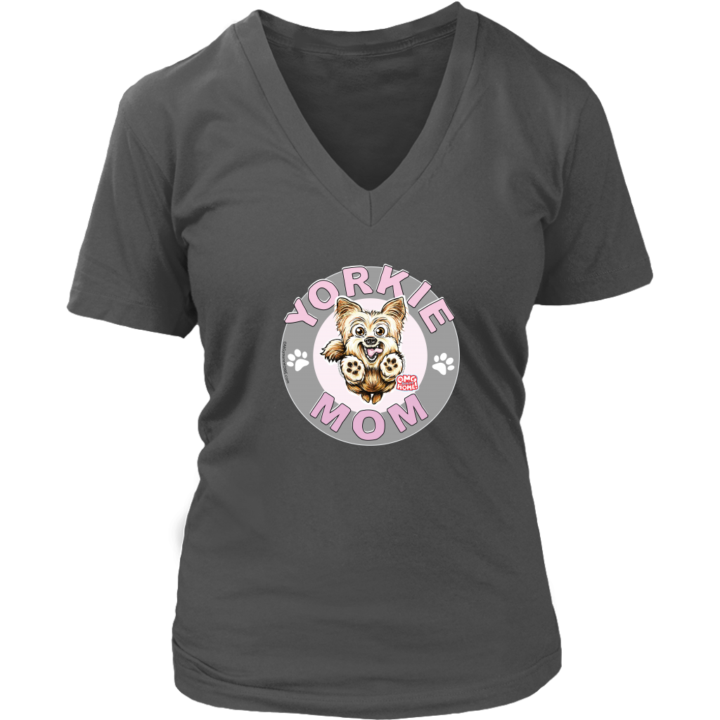 a women's grey v-neck shirt with the OMG You're Home! Yorkie dog mom design on the front with pink letters