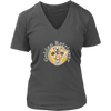 a grey v neck shirt with a golden retriever design on the front