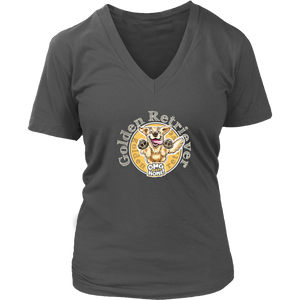 a grey v neck shirt with a golden retriever design on the front