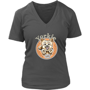 yorkie artwork on a womens grey v neck shirt