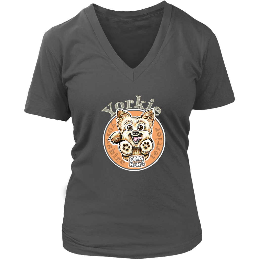 yorkie artwork on a womens grey v neck shirt