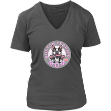 Load image into Gallery viewer, A women&#39;s grey v-neck shirt from OMG You&#39;re Home! with the Boston Terrier dog Mom design on the front in pink letters