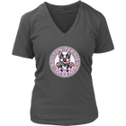 A women's grey v-neck shirt from OMG You're Home! with the Boston Terrier dog Mom design on the front in pink letters