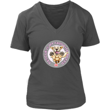 Load image into Gallery viewer, A womens grey V-Neck by District features the original Golden Retriever dog artwork by OMG You&#39;re Home! This collection is dedicated to those of us who love and support rescues.