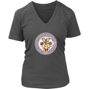 A womens grey V-Neck by District features the original Golden Retriever dog artwork by OMG You're Home! This collection is dedicated to those of us who love and support rescues.