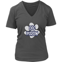 Load image into Gallery viewer, dog person design on a grey v-neck t-shirt for women dog lovers