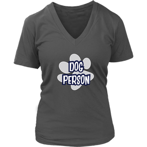 dog person design on a grey v-neck t-shirt for women dog lovers