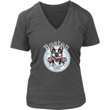 Load image into Gallery viewer, a grey v neck tee with the OMG Boston Terrier dog design on the front