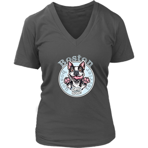 a grey v neck tee with the OMG Boston Terrier dog design on the front