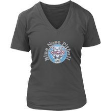 Load image into Gallery viewer, women&#39;s v-neck shirt with blue nose pitbull design on front