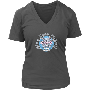 women's v-neck shirt with blue nose pitbull design on front