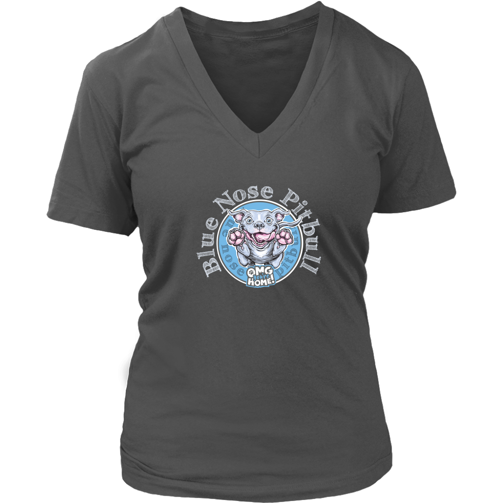 women's v-neck shirt with blue nose pitbull design on front