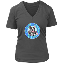 Load image into Gallery viewer, A women&#39;s grey v-neck shirt from OMG You&#39;re Home! with the Boston Terrier dog Mom design on the front in blue letters