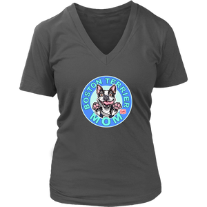 A women's grey v-neck shirt from OMG You're Home! with the Boston Terrier dog Mom design on the front in blue letters