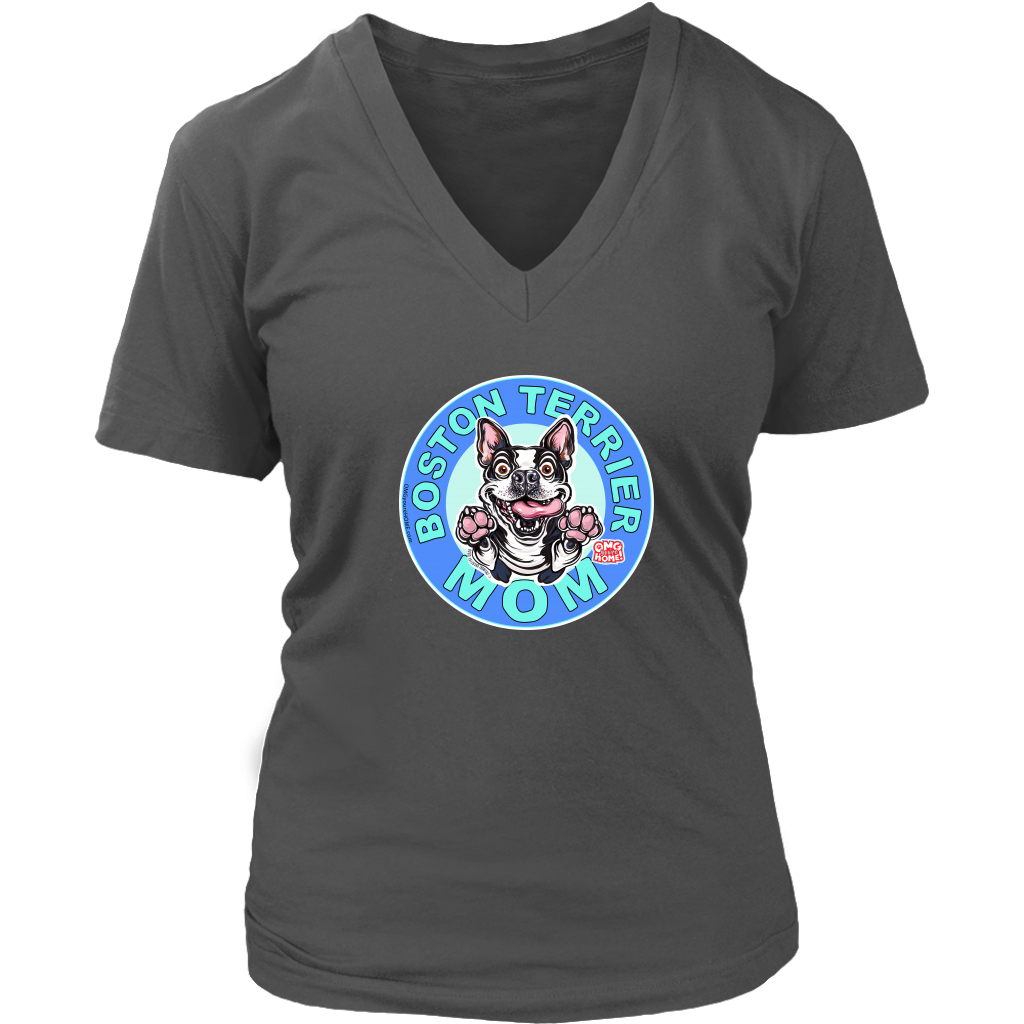 A women's grey v-neck shirt from OMG You're Home! with the Boston Terrier dog Mom design on the front in blue letters