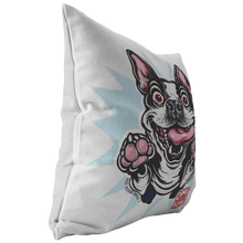 Load image into Gallery viewer, side view of a soft and fluffy pillow with the OMG Boston Terrier printed on the front