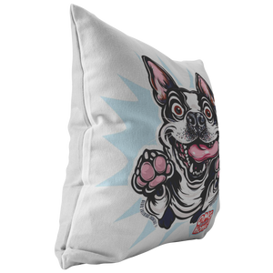 side view of a soft and fluffy pillow with the OMG Boston Terrier printed on the front