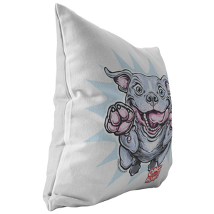 Left side view of a soft decorative pillow featuring an excited Blue Nose Pitbull from OMG You'e Home