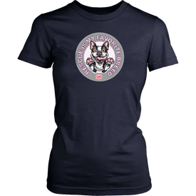 District Womens navy blue Shirt featuring the OMG You're Home! Boston Terrier design with "Rescue is my favorite breed"