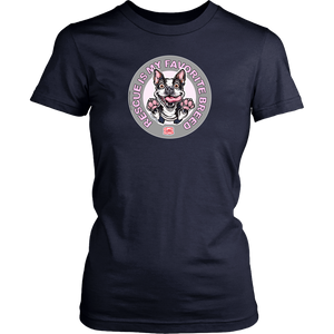 District Womens navy blue Shirt featuring the OMG You're Home! Boston Terrier design with "Rescue is my favorite breed"