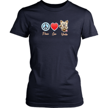 Load image into Gallery viewer, navy blue District Shirt featuring the Peace Love Yorkie dog design from OMG You&#39;re HOME!