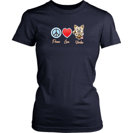 navy blue District Shirt featuring the Peace Love Yorkie dog design from OMG You're HOME!