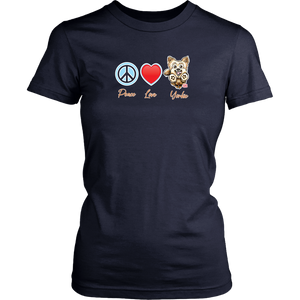 navy blue District Shirt featuring the Peace Love Yorkie dog design from OMG You're HOME!