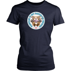 front view of a womens dark blue t-shirt featuring the original Red Nose Pitbull artwork by OMG You're Home! Part of the "Rescue is my favorite breed" collection.