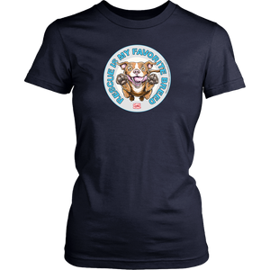 front view of a womens dark blue t-shirt featuring the original Red Nose Pitbull artwork by OMG You're Home! Part of the "Rescue is my favorite breed" collection.