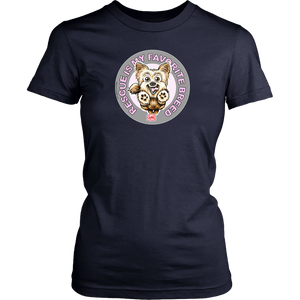 Rescue is my favorite breed on a women's navy blue t-shirt for dog lovers featuring the Yorkie