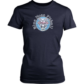 Front view of a navy blue District Shirt featuring the OMG You're HOME! Blue Nose Pitbull design in full vibrant color.