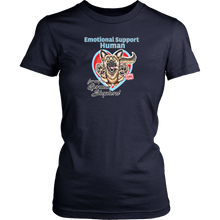 Load image into Gallery viewer, A womens navy blue shirt by District featuring the original German Shepherd dog artwork by OMG You&#39;re HOME! This design has the text &quot;Emotional Support Human&quot; above the German Shepherd. 