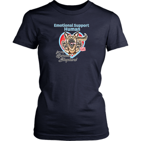 A womens navy blue shirt by District featuring the original German Shepherd dog artwork by OMG You're HOME! This design has the text "Emotional Support Human" above the German Shepherd. 