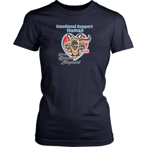 A womens navy blue shirt by District featuring the original German Shepherd dog artwork by OMG You're HOME! This design has the text "Emotional Support Human" above the German Shepherd. 