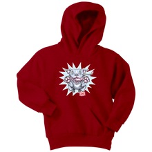 Load image into Gallery viewer, Front view of a youth red hoodie featuring the OMG Blue Nose Pit Bull design