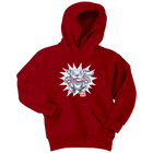 Front view of a youth red hoodie featuring the OMG Blue Nose Pit Bull design