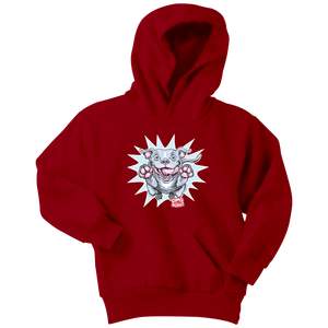 Front view of a youth red hoodie featuring the OMG Blue Nose Pit Bull design