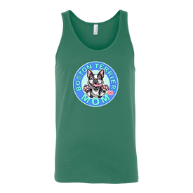 a green tank top with the OMG You're Home! Boston Terrier dog Mom design on the front 