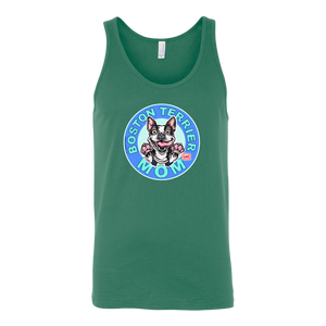 a green tank top with the OMG You're Home! Boston Terrier dog Mom design on the front 