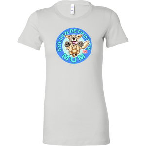 A women's white t-shirt featuring the OMG You're Home! Golden Retriever artwork 