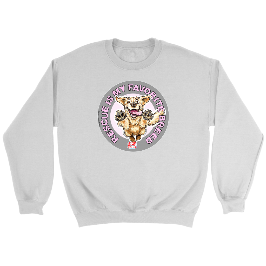  a white unisex sweatshirt featuring the original Golden Retriever dog artwork by OMG You're Home!