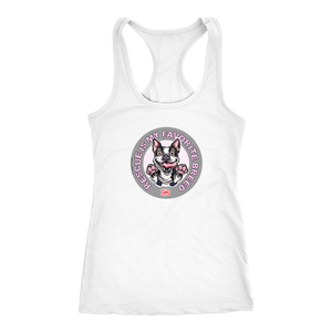 A white Next Level Racerback Tank featuring the OMG You're Home! Boston Terrier design with "Rescue is my favorite breed"