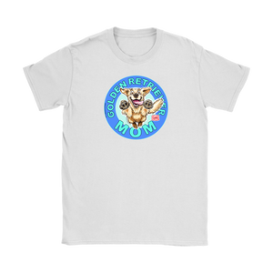 a women's white tshirt featuring the OMG You're Home! Golden Retriever dog artwork on the front