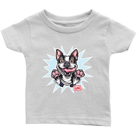 front view of a toddler's white OMG You're Home t-shirt with the Boston Terrier dog design  in full color