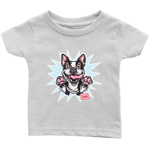 front view of a toddler's white OMG You're Home t-shirt with the Boston Terrier dog design  in full color